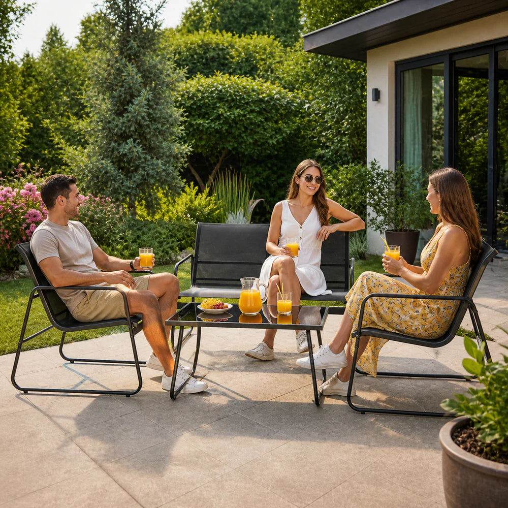 Set Mobilier Grădină AT PERFORMANCE® 4 Piese, Canapea 2 Locuri + 2 Fotolii + Măsuță, Cadru Metalic