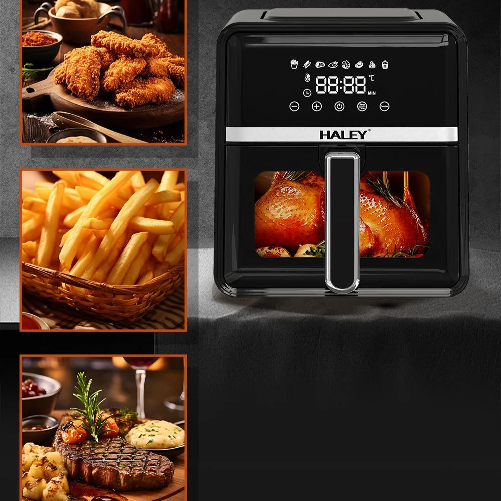 Friteuză cu Aer Cald HALEY 7L, 2000W, Touch Screen, Geam de Vizualizare 180°, 8 Programe, Air Fryer cu Circulație 360° a Aerului Cald