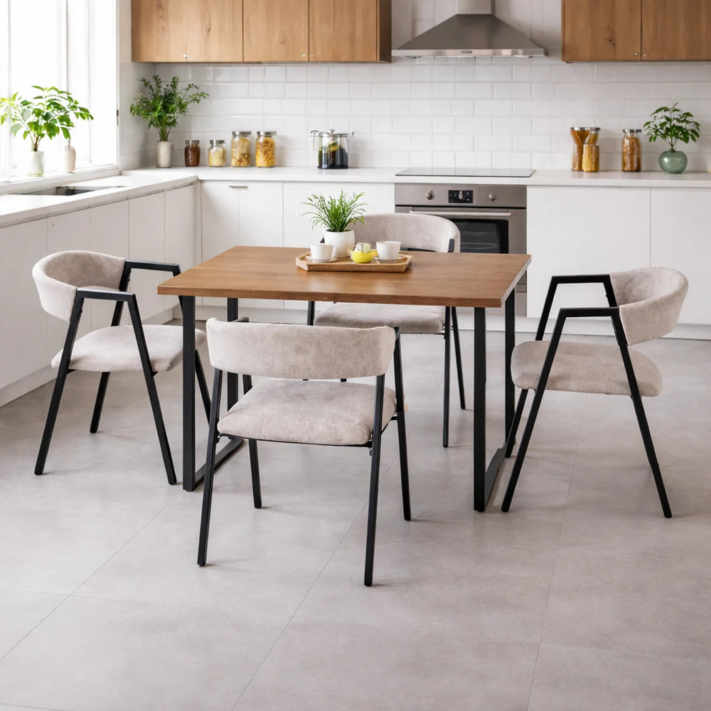 Set Masă de Bucătărie și Dining cu 4 Scaune – Masă din Lemn cu Cadru Metalic, Design Modern