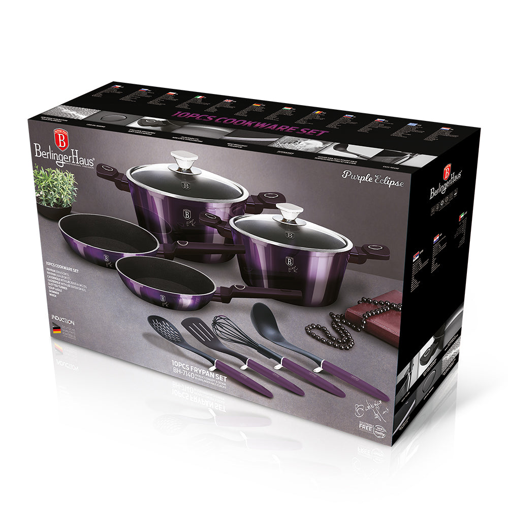 10 Piese Vase de Gatit Berlinger Haus Purple Eclipse, Strat Antiaderent 3 Straturi, Inductie, Aluminiu Forjat, Ustensile Incluse, Mov, BH 7140
