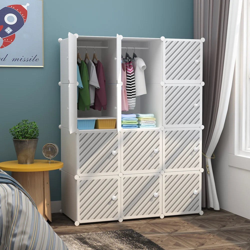 Dulap Modular 12 Compartimente, 110 × 37 × 147 cm, Plastic Rezistent, Alb/Negru, Uși Individuale, Organizator pentru Haine și Încălțăminte