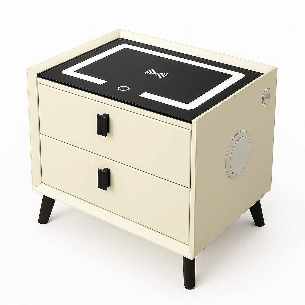 Noptiera Smart Multifunctionala cu Iluminare Led, Incarcare Wireless, USB si Difuzor Bluetooth