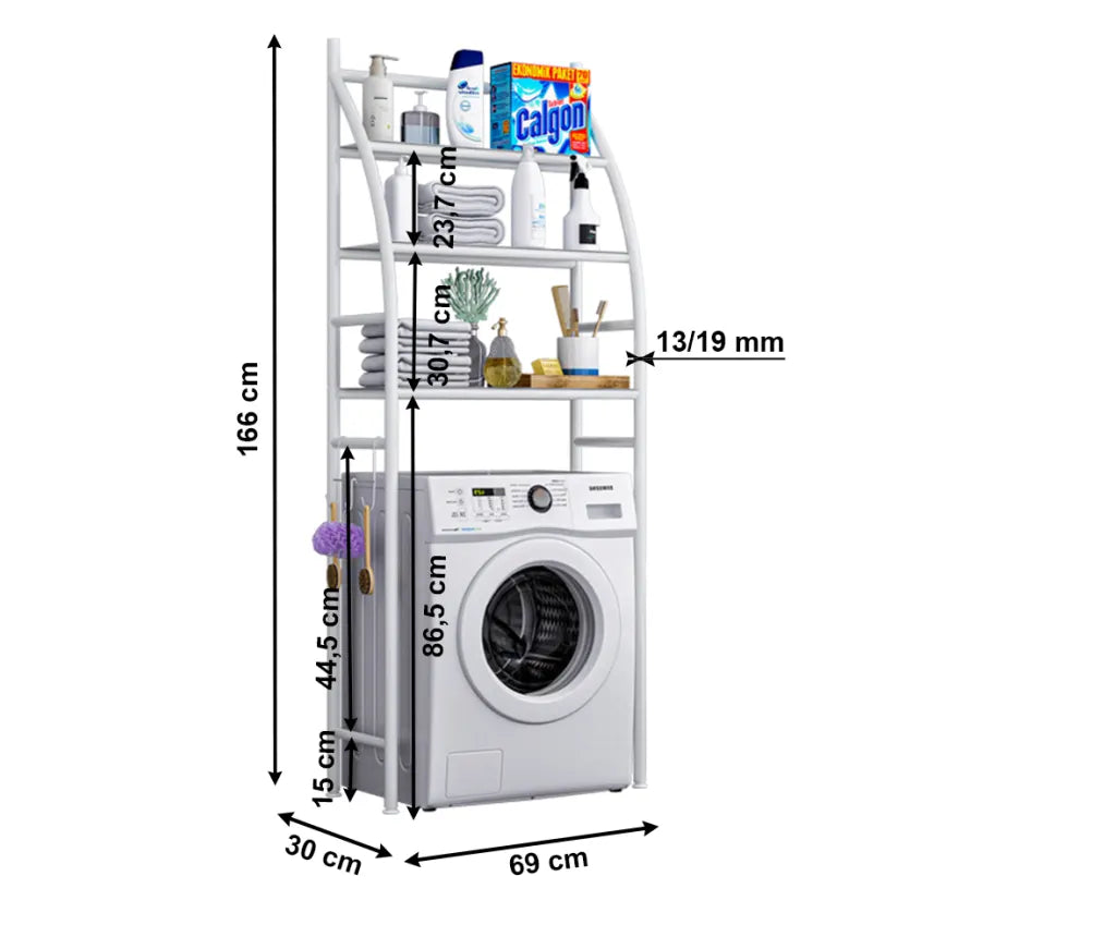 Raft metalic alb pentru baie – organizator deasupra mașinii de spălat sau toaletei, 3 rafturi deschise