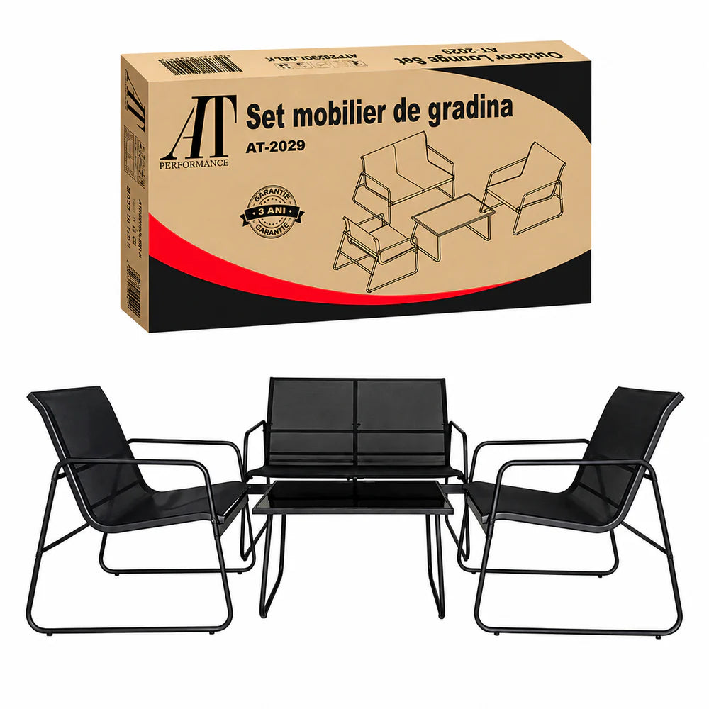 Set Mobilier Grădină AT PERFORMANCE® 4 Piese, Canapea 2 Locuri + 2 Fotolii + Măsuță, Cadru Metalic