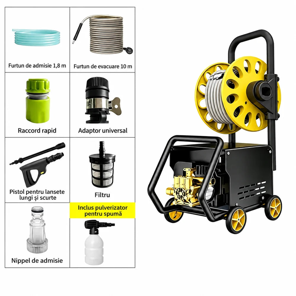 Spălător cu Înaltă Presiune AT PERFORMANCE® AT-2091 – 2200W, Tambur Furtun, Pulverizator Spumă și Accesorii Complete