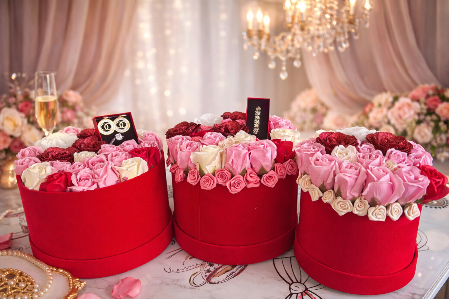 Colecția Scarlet – Set Cadou Luxury cu Trandafiri de Săpun și Bijuterii