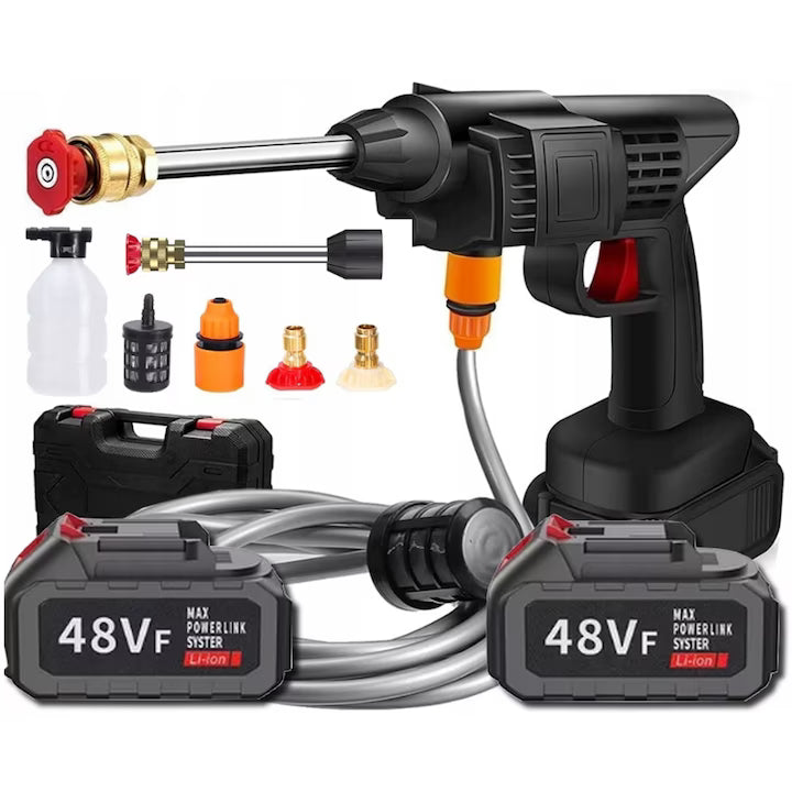 Aparat de Spălat cu Presiune 30 Bar, 48V Portabil, 8 l/min, cu 2 Acumulatori și Lance Spumă