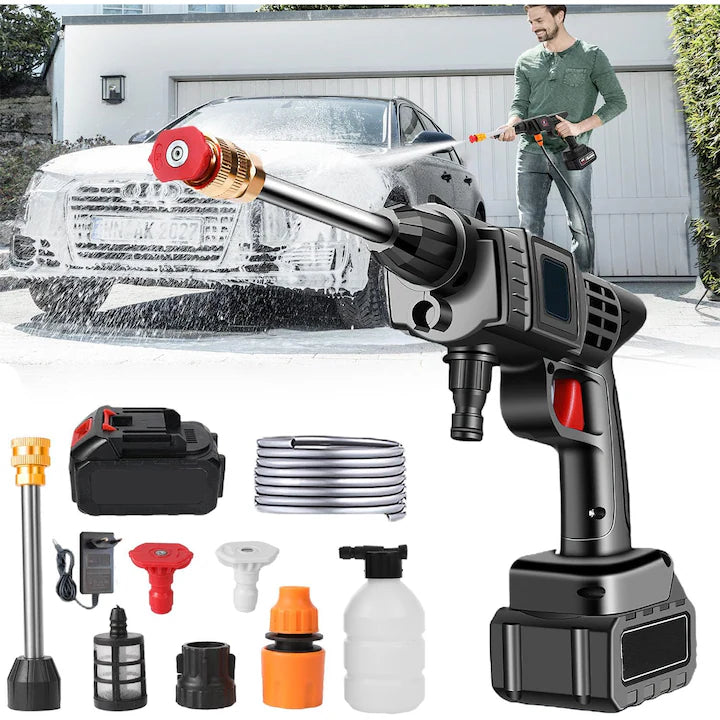 Aparat de Spălat cu Presiune 30 Bar, 48V Portabil, 8 l/min, cu 2 Acumulatori și Lance Spumă