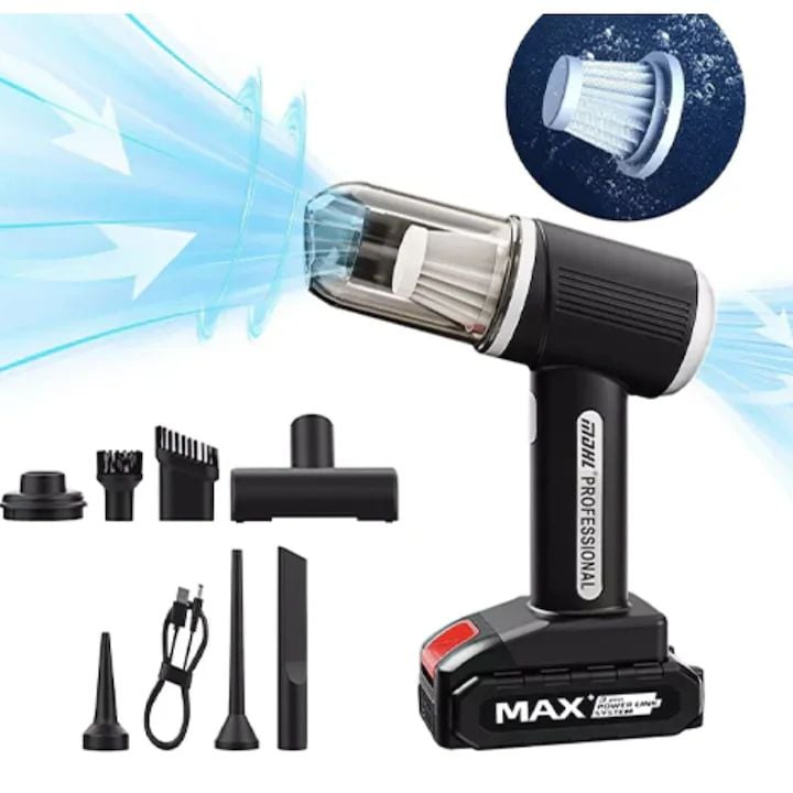 Aspirator auto portabil fără fir, 120W, 9000Pa, reîncărcabil, 4-în-1 cu funcție de suflare și accesorii