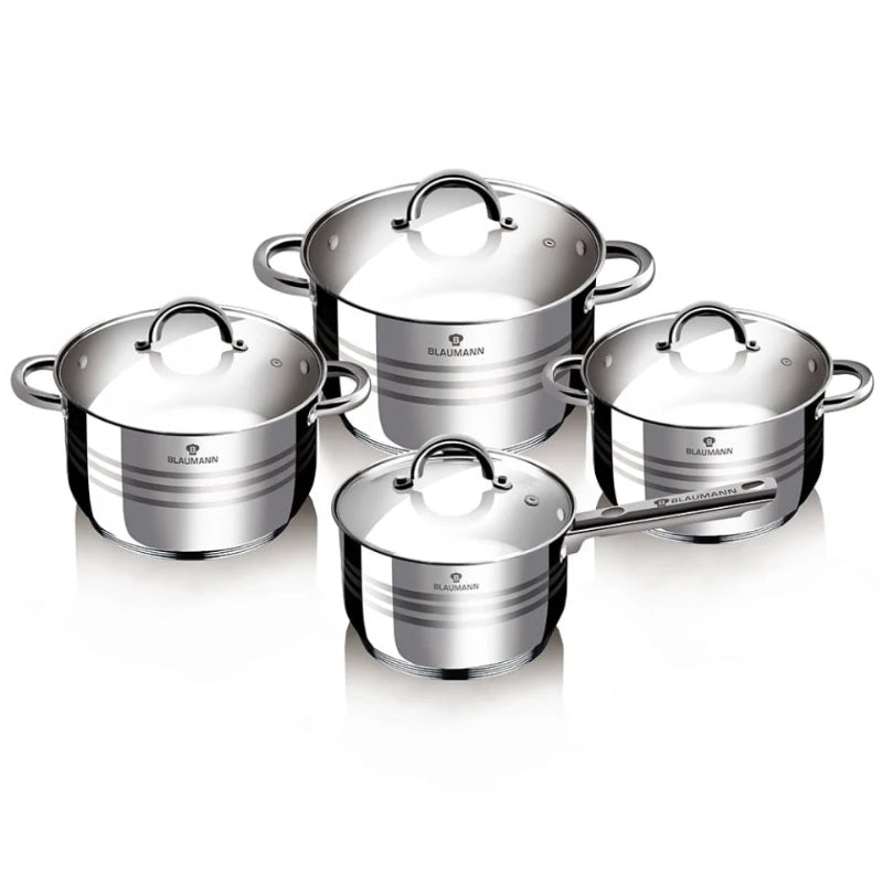 Set cratițe din inox Blaumann BL-3115 – 8 piese cu capace din sticlă (2.1 L / 2.9 L / 3.9 L / 6.1 L)