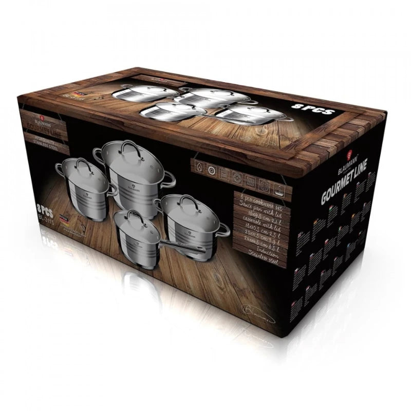 Set cratițe din inox Blaumann BL-3115 – 8 piese cu capace din sticlă (2.1 L / 2.9 L / 3.9 L / 6.1 L)