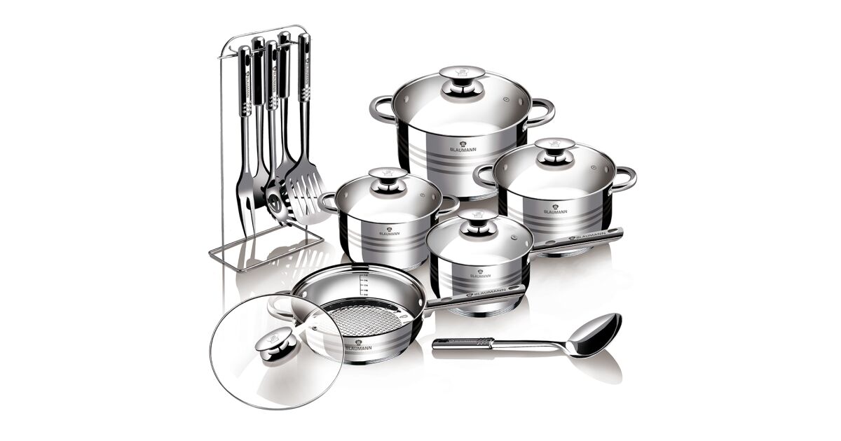 Set oale și tigaie din inox cu capace din sticlă termorezistentă și ustensile din inox (17 piese) – Blaumann BL-3133 Gourmet Line