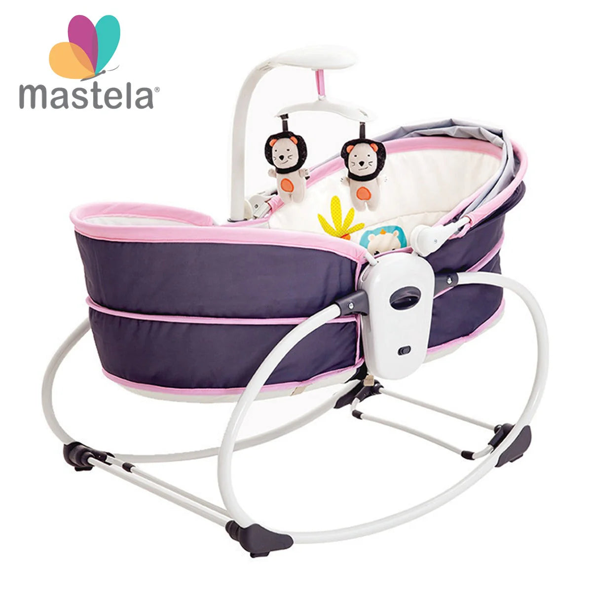 Balansoar Electric Multifuncțional 5-în-1 Mastela, Roz | Funcție Muzicală Bluetooth și USB, 0-3 Ani, 15 kg