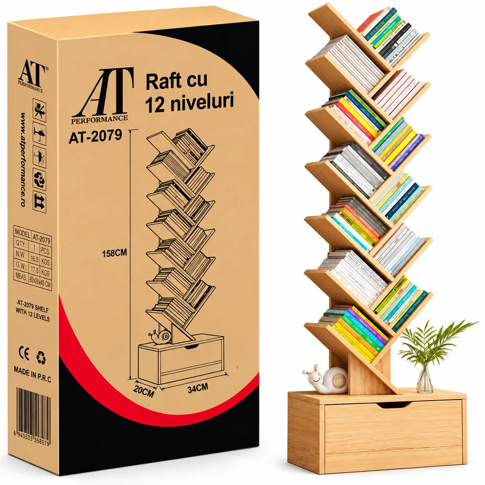 Bibliotecă Tip Arbore cu 12 Polițe și Sertar – Raft Vertical Modern pentru Cărți și Depozitare