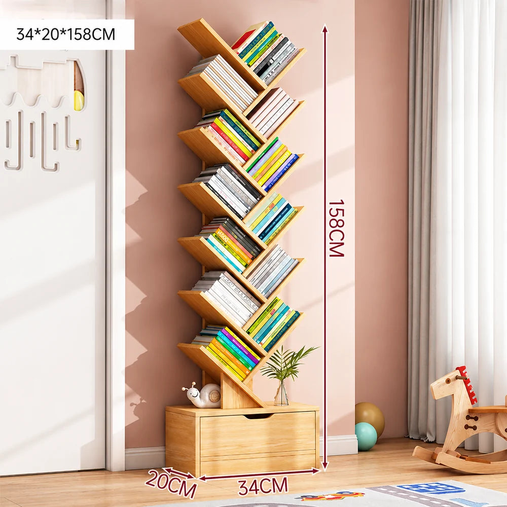 Bibliotecă Tip Arbore cu 12 Polițe și Sertar – Raft Vertical Modern pentru Cărți și Depozitare