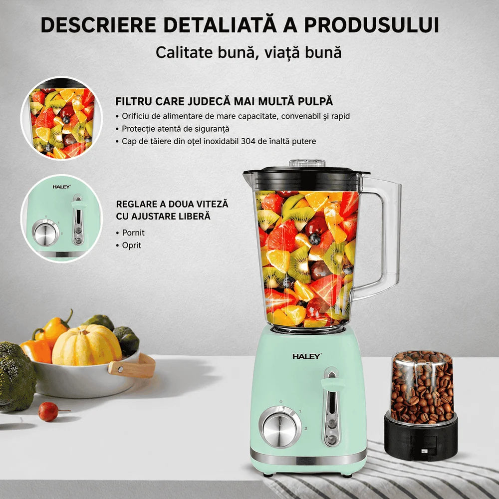 Blender 2 în 1 HALEY HY-2962, 500W, Recipient 1.5L, 2 Viteze + Funcție Pulse, Râșniță, Zdrobire Gheață, Lame din Oțel Inoxidabil, Verde Mentă
