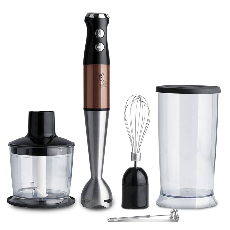 Blender de Mână Multifuncțional 5-în-1 Berlinger Haus KI1026, 800W, Negru & Rose Gold, Cu Tocător, Tel, Spumator Lapte și Pahar Gradat
