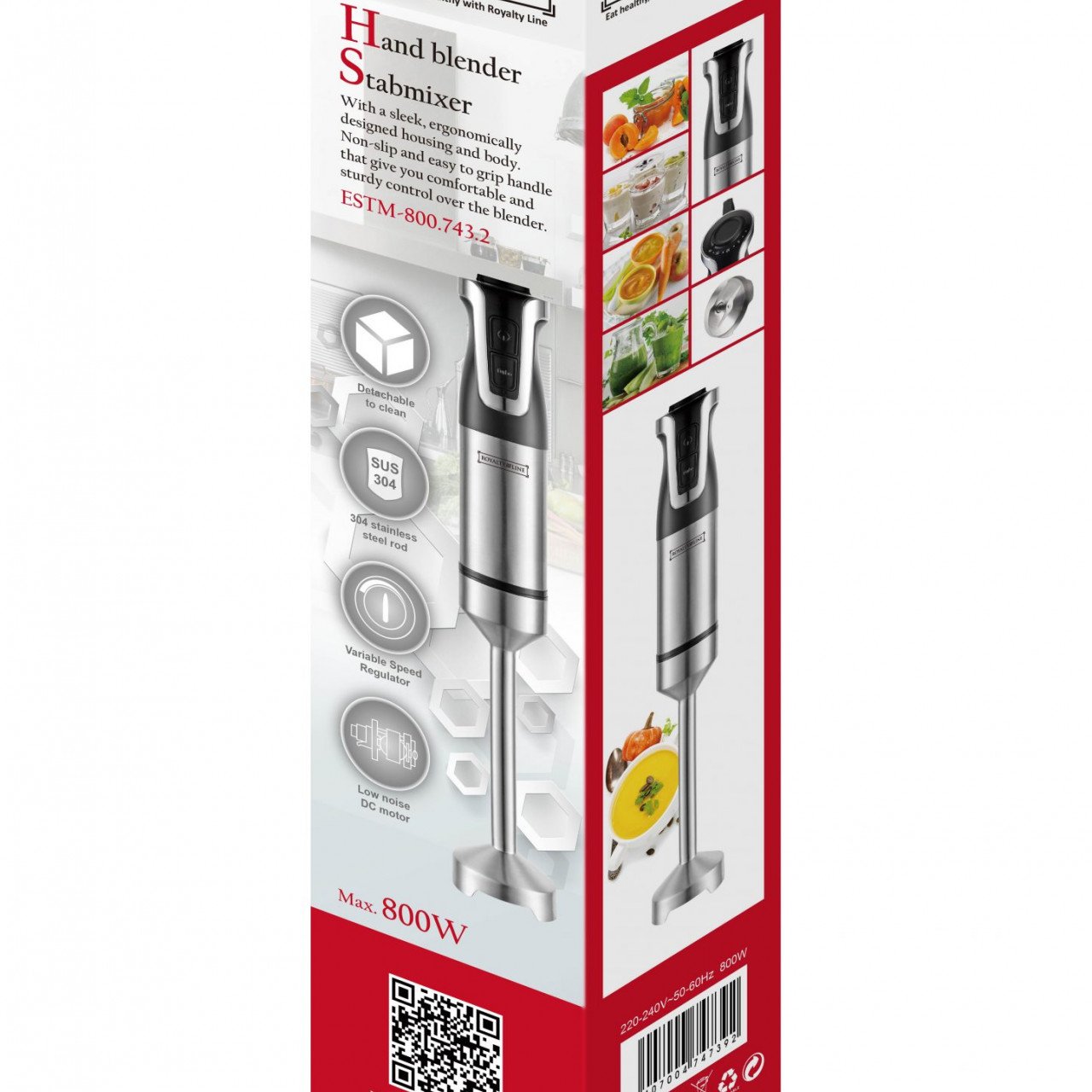 Blender de Mână Royalty Line, 800 W – Tijă din Inox, Viteză Variabilă, Funcție Oprire Automată