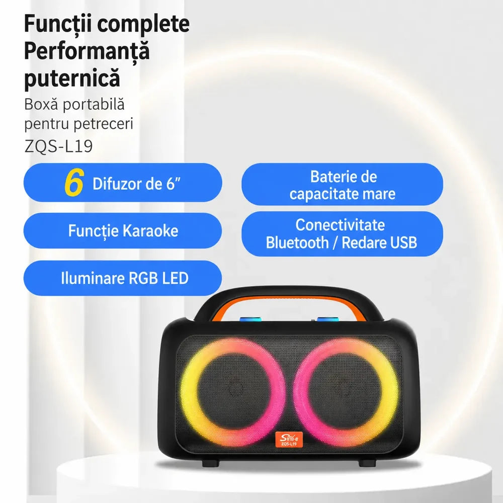 Boxă Portabilă Bluetooth Sing-e ZQS-L19, 2×6”, 2 Microfoane Wireless, Karaoke, LED RGB, TWS
