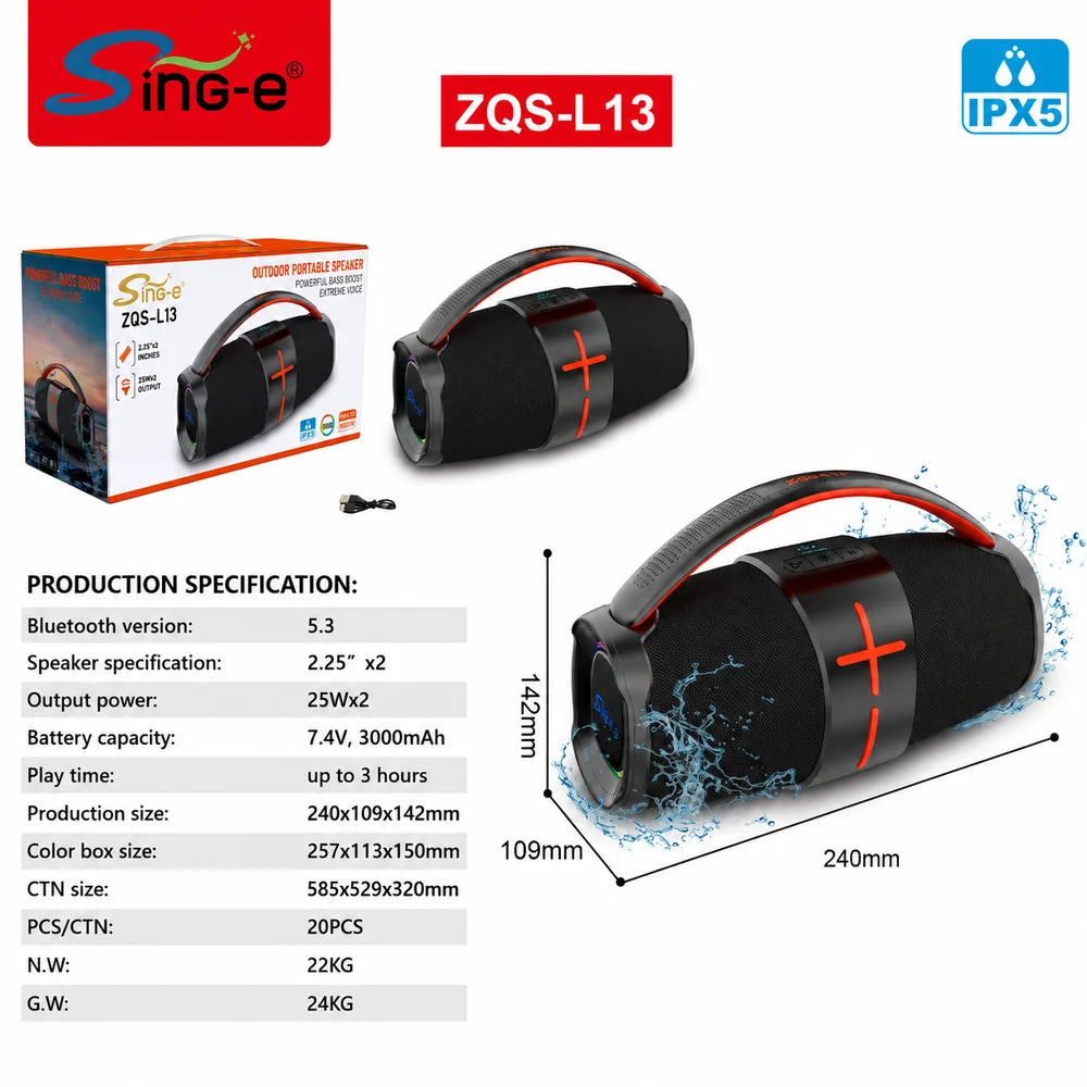 Boxă Portabilă Bluetooth Sing-e® ZQS-L13, 200W PMPO, 2×2.25”, Bass Boost, RGB LED, IPX5, Acumulator 3000mAh