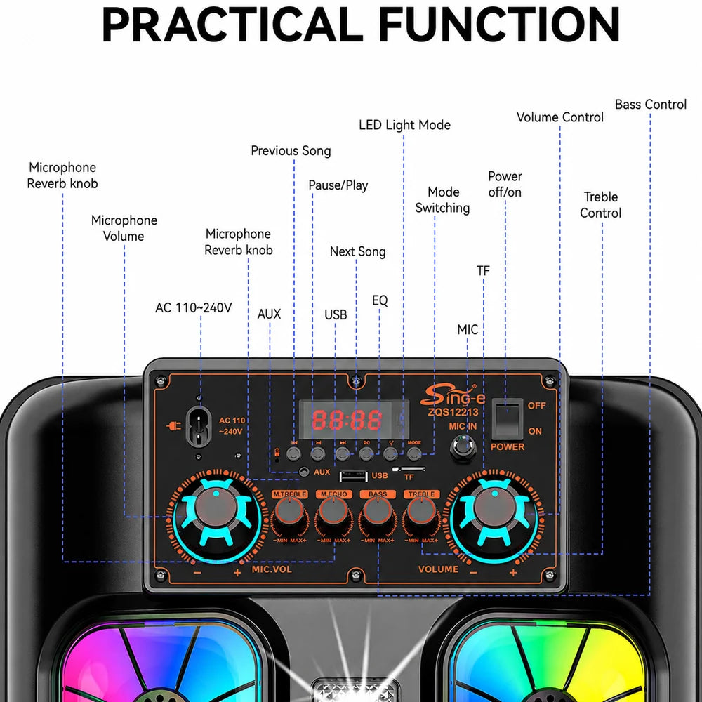 Boxă Portabilă Karaoke Sing-e ZQS12213, 2×12”, 80W, Bluetooth, LED RGB și Microfon Wireless