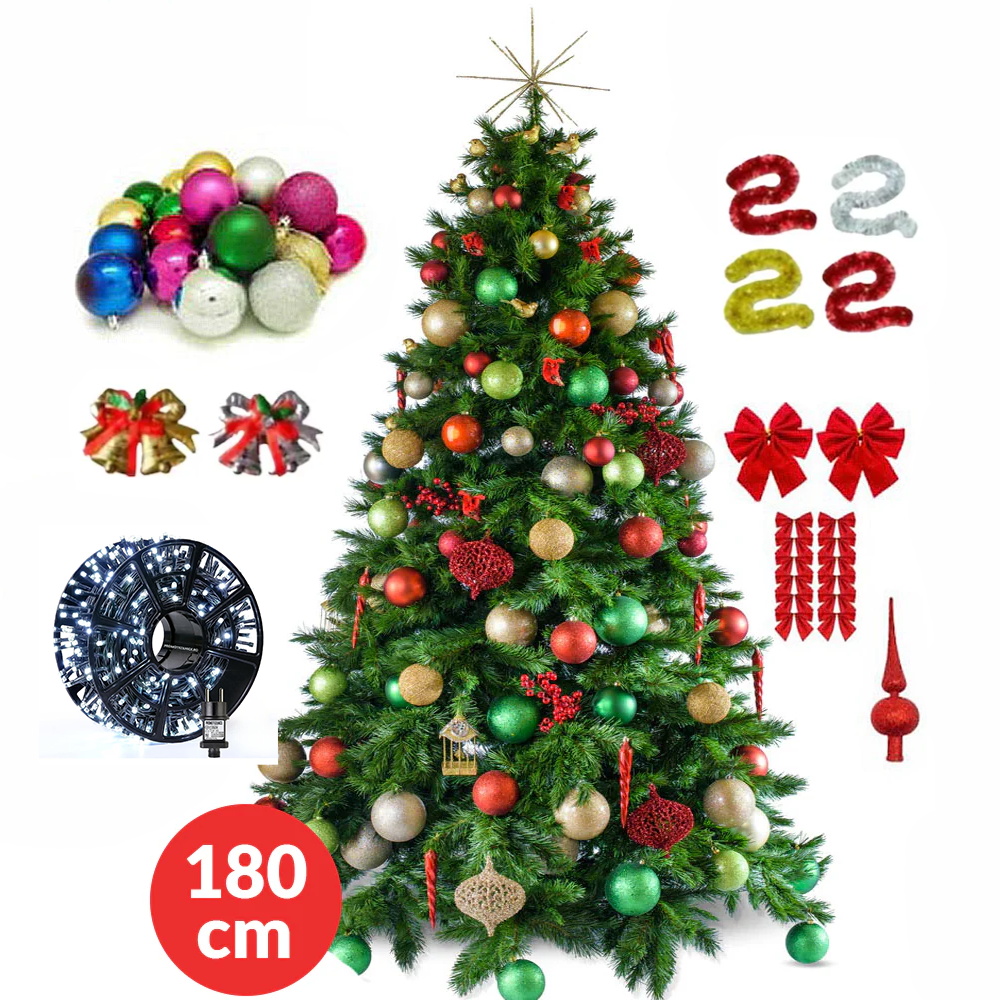 Brad Artificial 1.80M | Set Impodobit Cu 24 Globuri + 4 Beteala 2M + Instalatie 100 LED + Suport Metalic