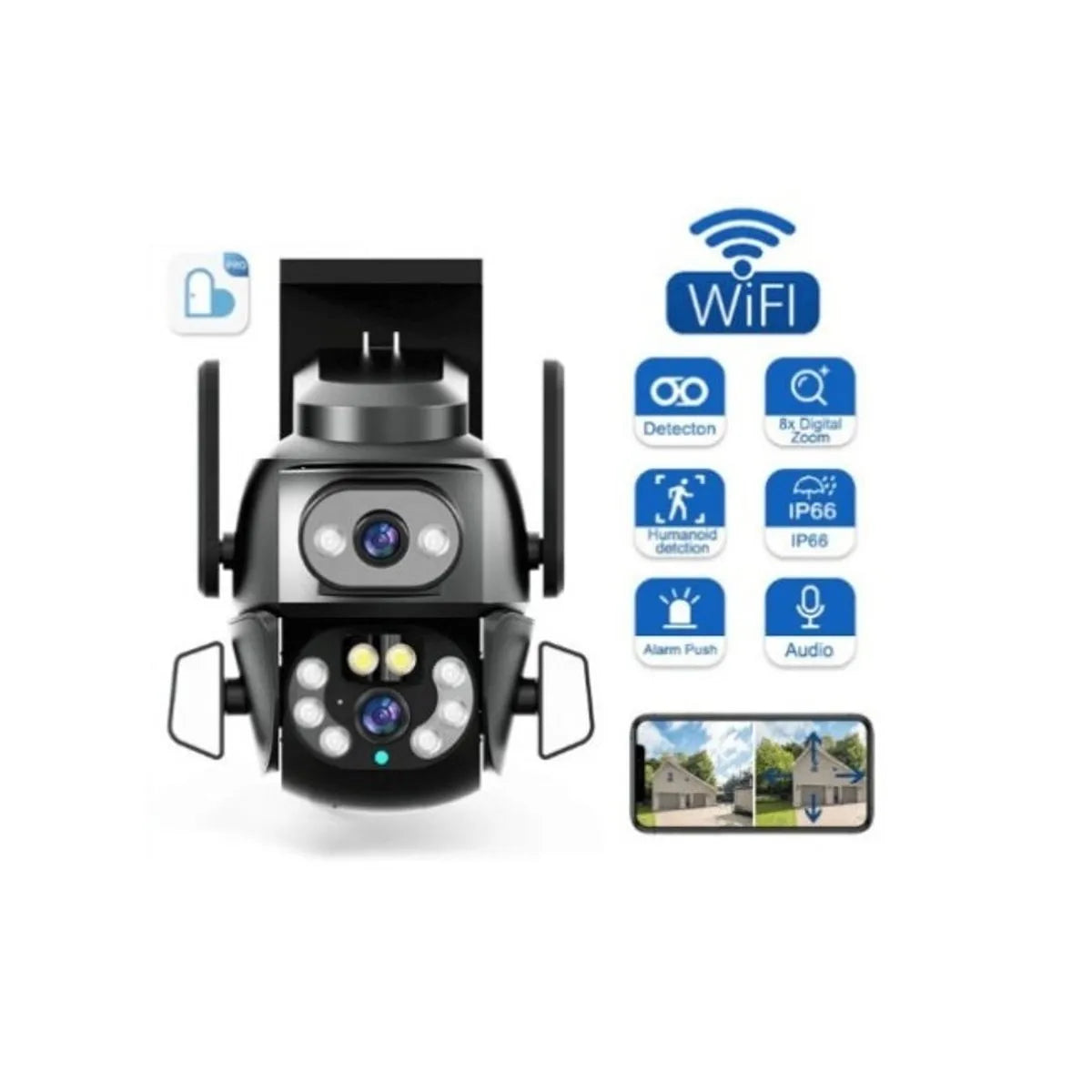 Cameră de supraveghere exterior Andowl Q-S800, dublă, 4K 8MP, Wi-Fi, PTZ, detectare mișcare, audio bidirecțional, IP66