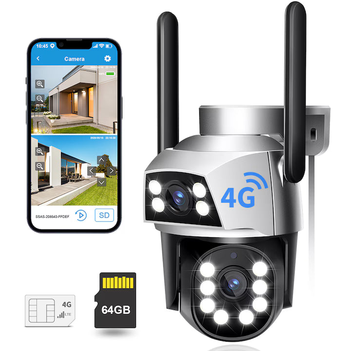 Camera de Supraveghere Dual Lens PTZ cu Urmărire AI | Rezoluție 2K QHD, Viziune Nocturnă Color, Audio Bidirecțional, IP65