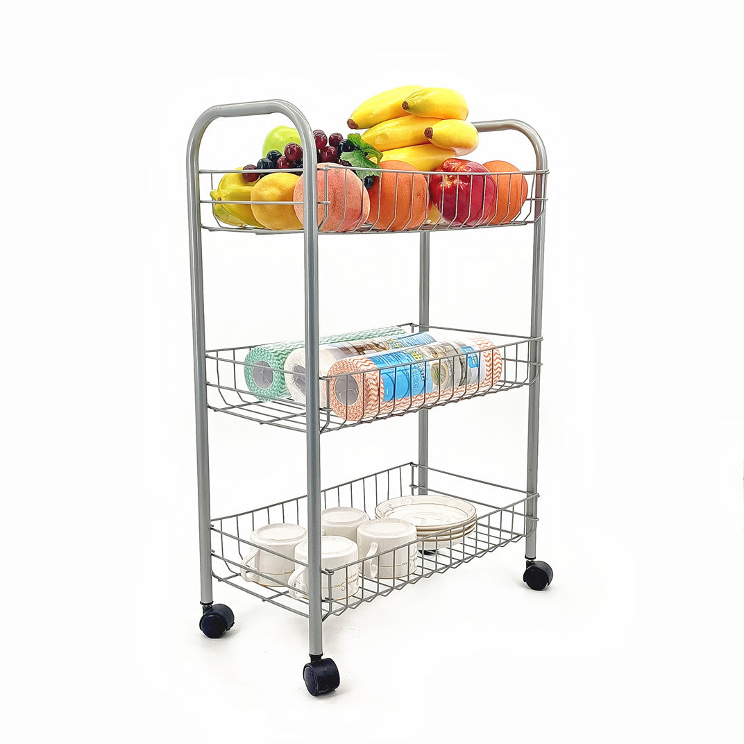 Carucior Metalic cu 3 Rafturi si Roti, Organizator Mobil pentru Bucatarie si Baie