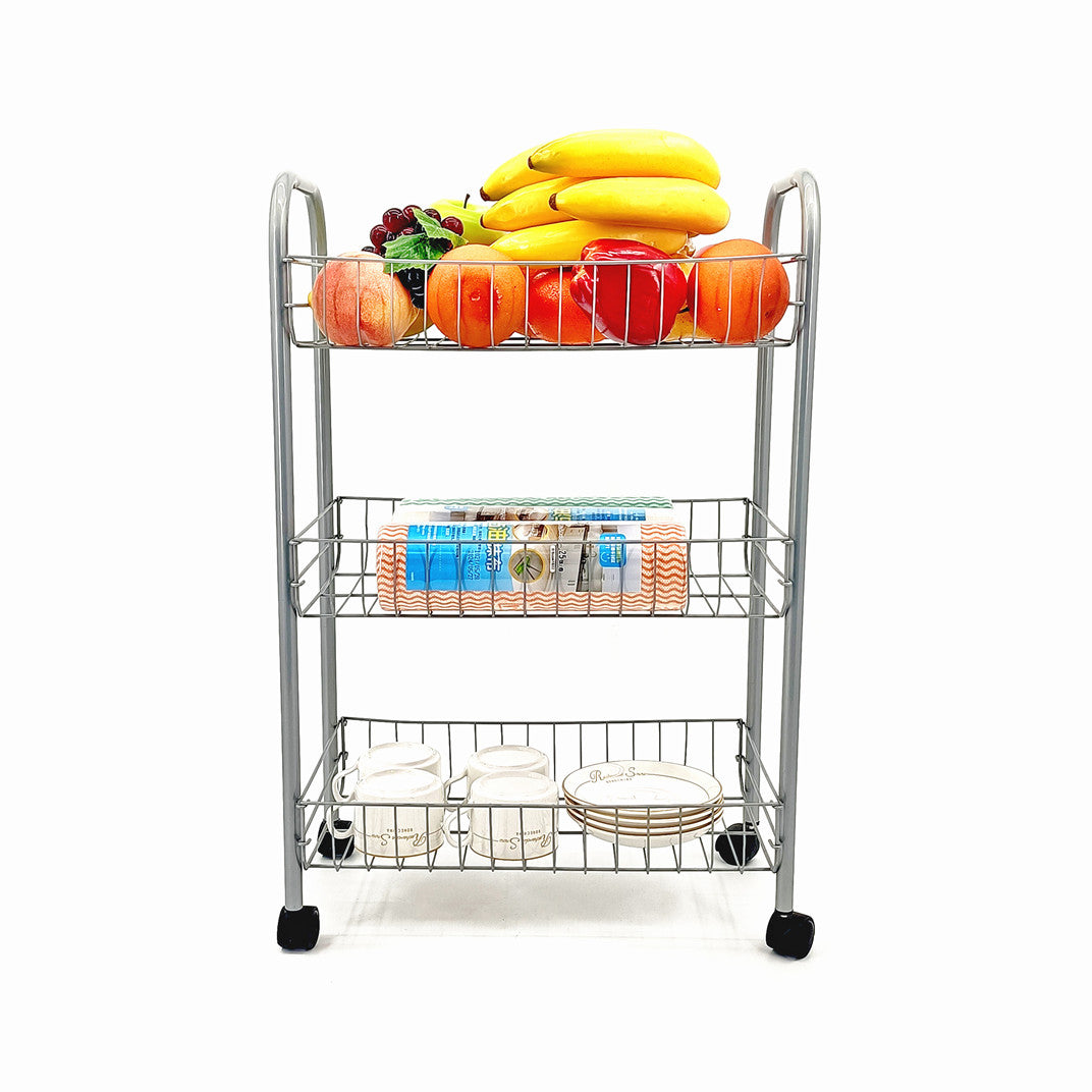 Carucior Metalic cu 3 Rafturi si Roti, Organizator Mobil pentru Bucatarie si Baie
