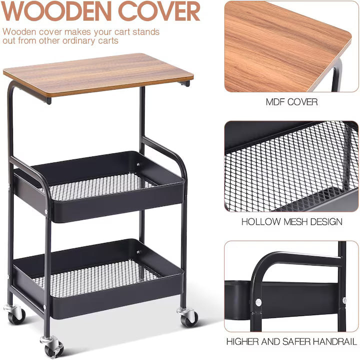 Carucior Organizator Metalic cu Roti si Blat MDF, 3 Niveluri, Raft Universal pentru Bucatarie si Birou, Negru