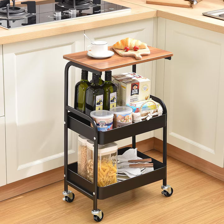 Carucior Organizator Metalic cu Roti si Blat MDF, 3 Niveluri, Raft Universal pentru Bucatarie si Birou, Negru