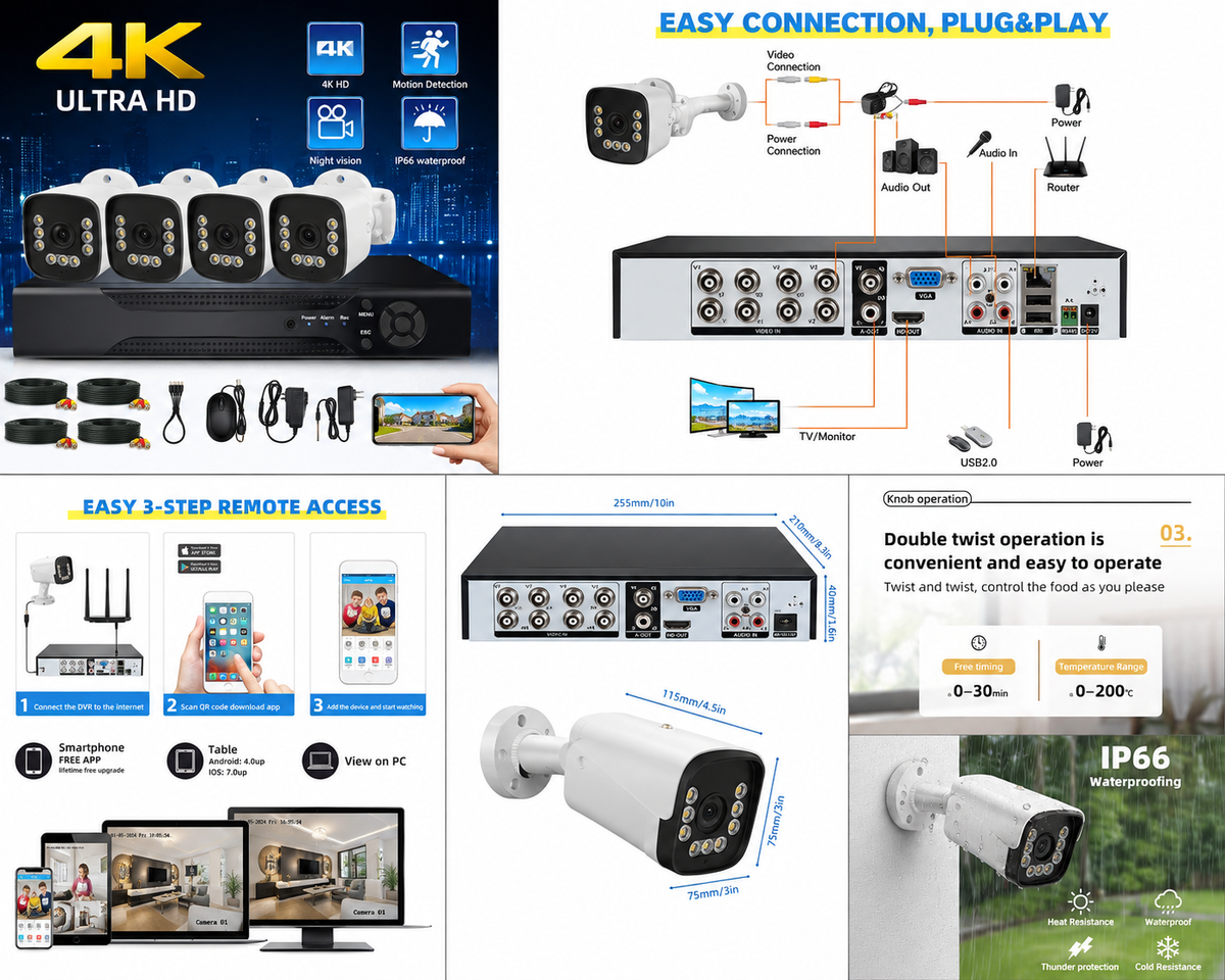 Sistem Supraveghere Video CCTV 5MP cu 4 Camere Exterior AHD și DVR 4 Canale, Vedere Nocturnă IR, Monitorizare prin Telefon