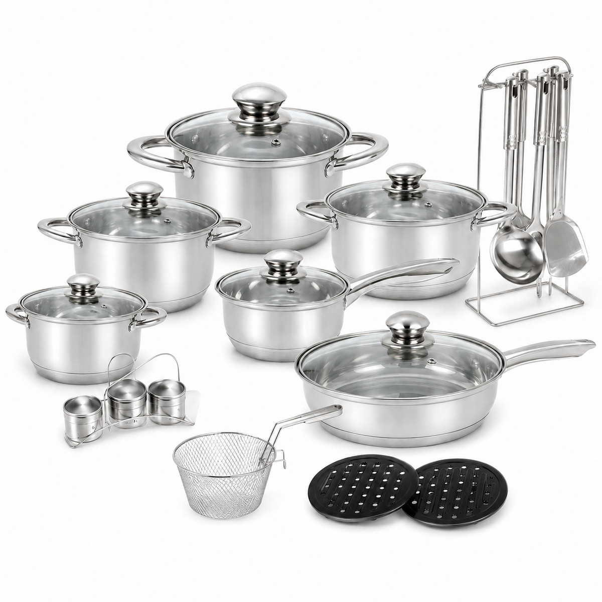 Set vase de gătit Royalty Line RL27, 27 piese, inox, fund capsulat în 7 straturi