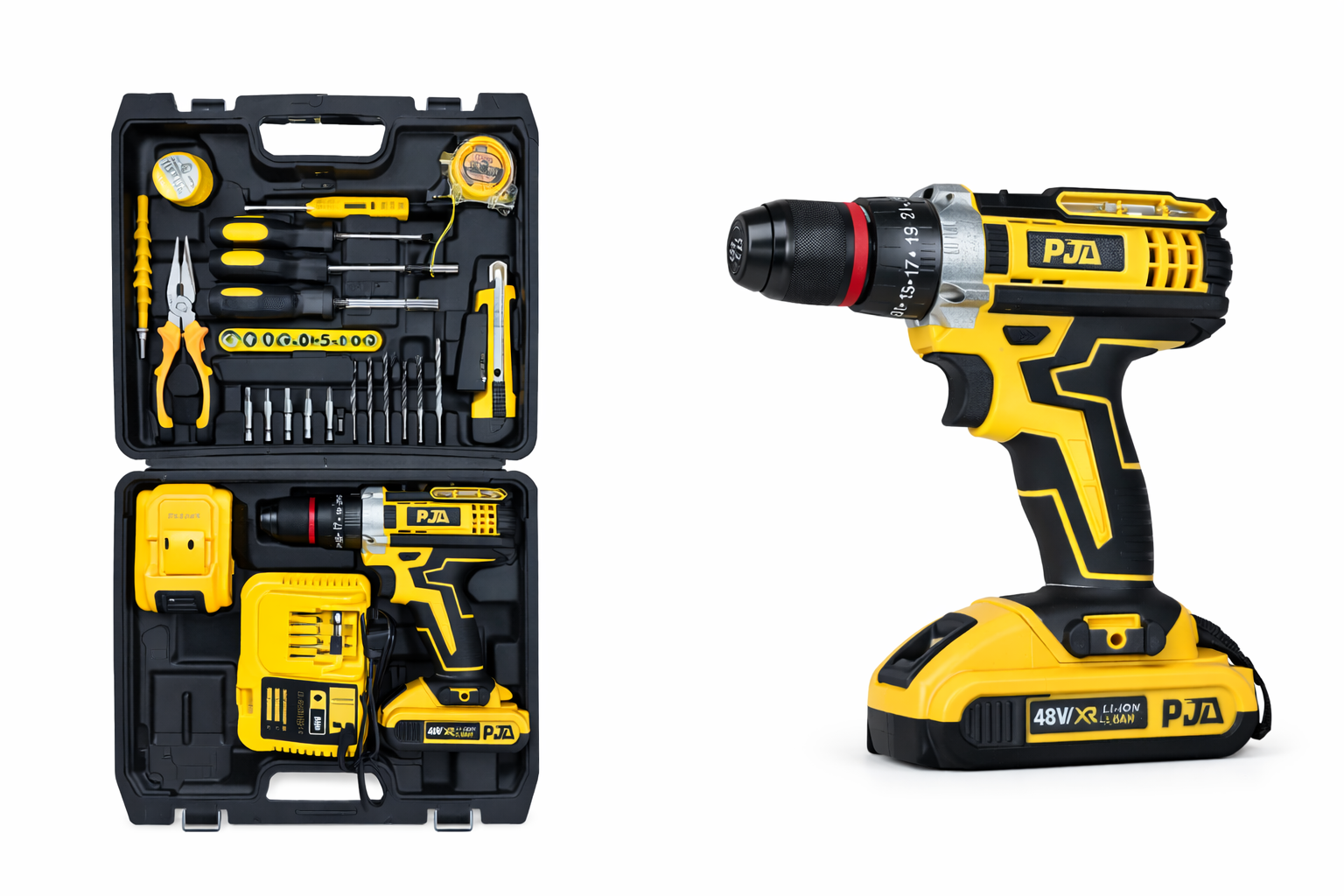 Trusa Bormașină cu Percuție 48V PJA , 2 Acumulatori / 1350 RPM , 45NM, 36 Accesorii, Valiză Profesională