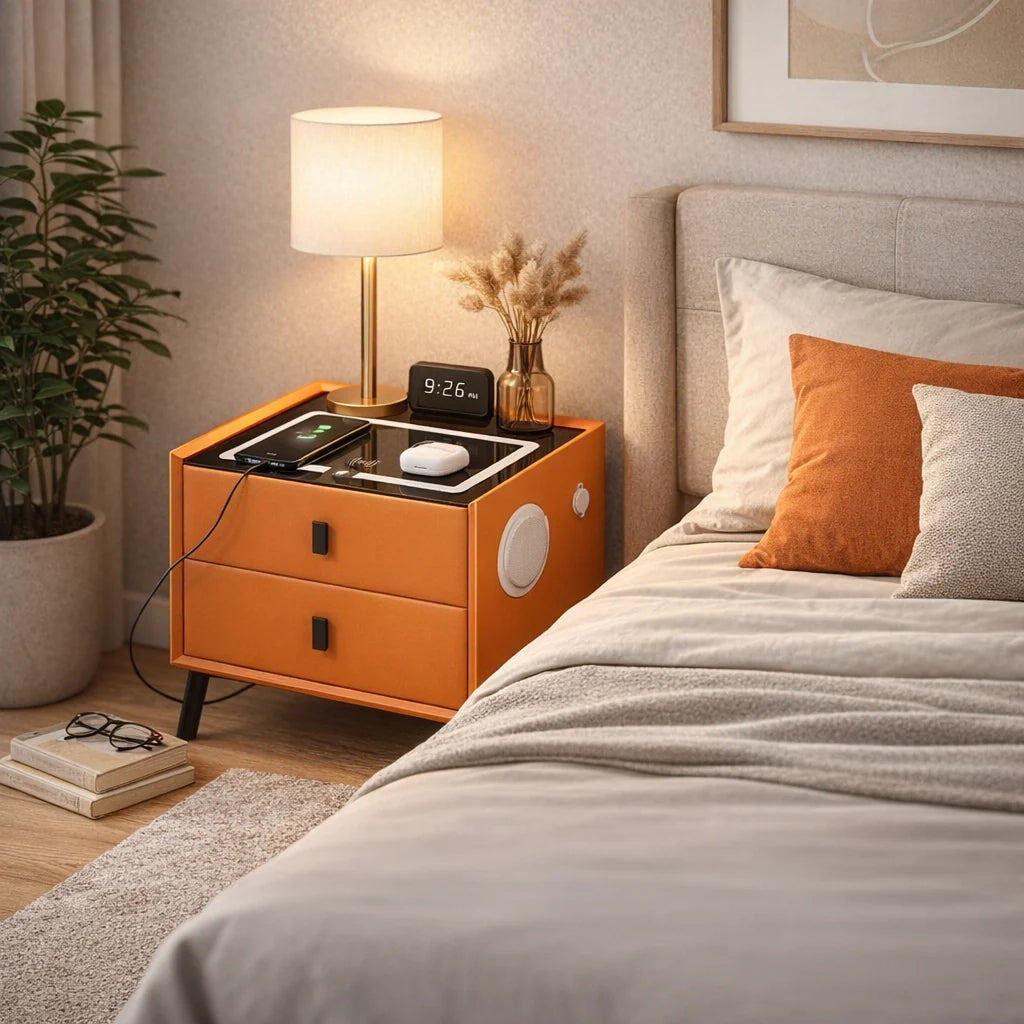 Noptiera Smart Multifunctionala cu Iluminare Led, Incarcare Wireless, USB si Difuzor Bluetooth