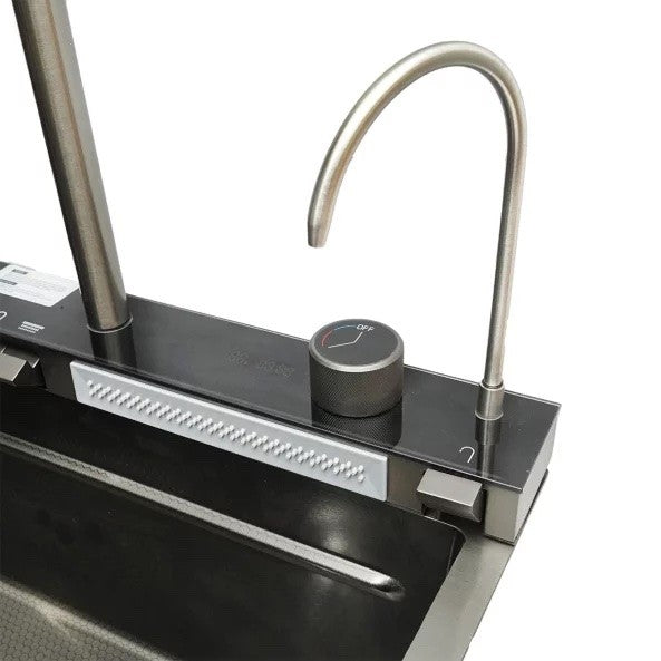 Chiuveta Bucatarie Multifunctionala Premium, 2 Cascade, Afisaj Digital Temperatura, Inox Negru Grafit, Spalator Pahare Inclus, 75x46 cm