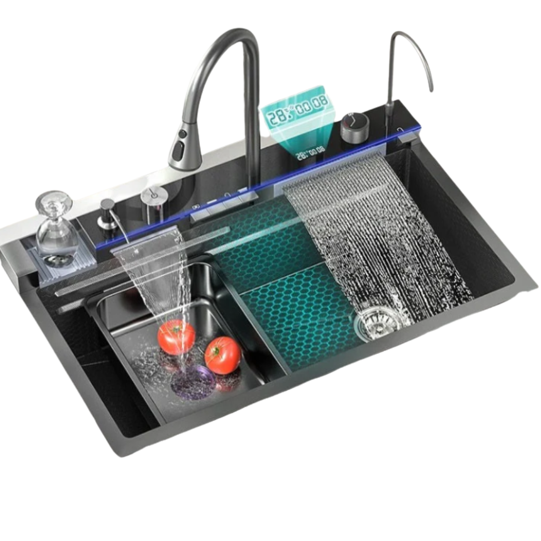 Chiuveta Bucatarie Multifunctionala Premium, 2 Cascade, Afisaj Digital Temperatura, Inox Negru Grafit, Spalator Pahare Inclus, 75x46 cm