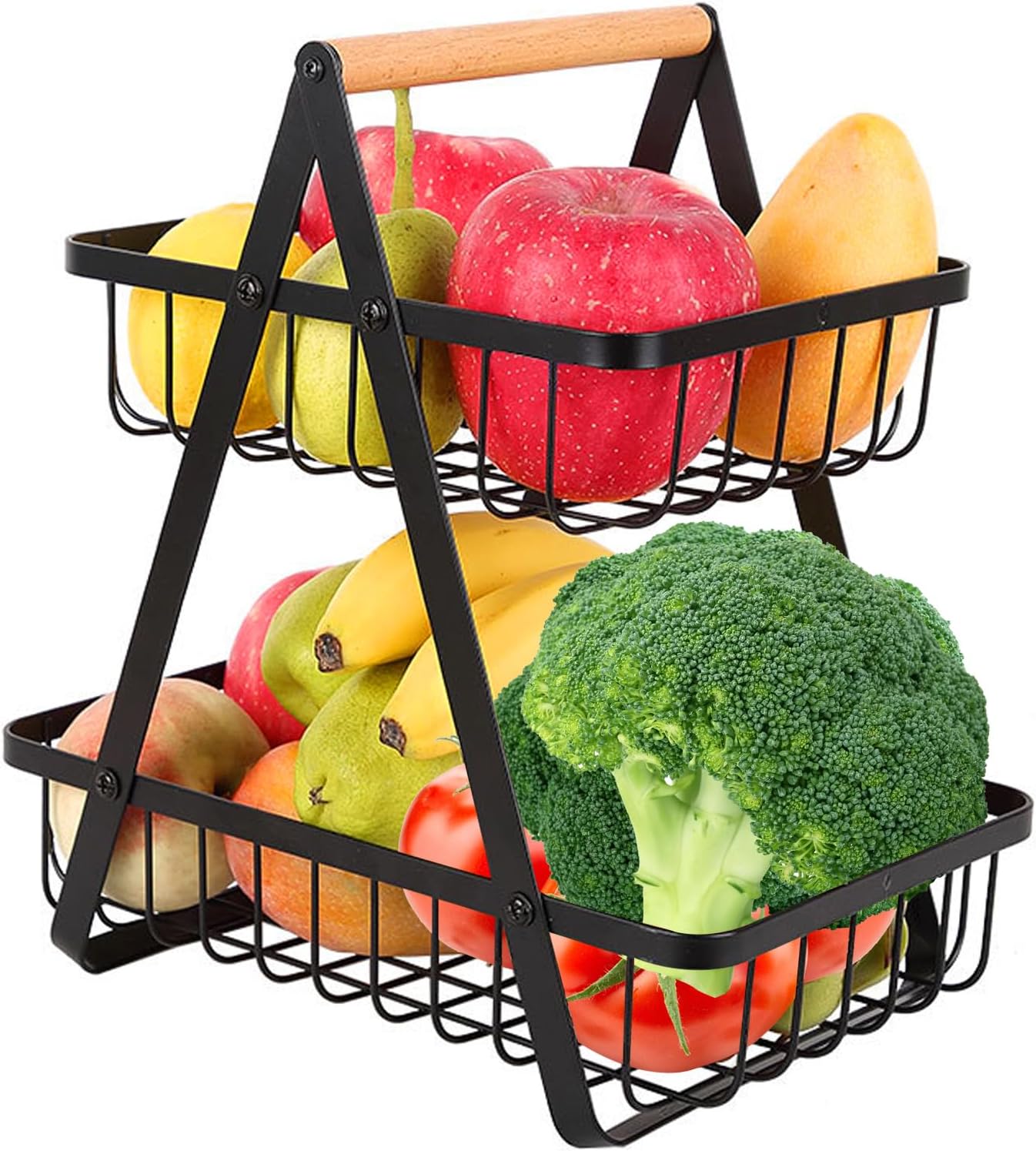 Coș de Fructe Etajat cu 2 Niveluri, Fructieră Metalică Neagră cu Mâner din Lemn, Suport pentru Fructe și Legume, 27x17x29,5 cm