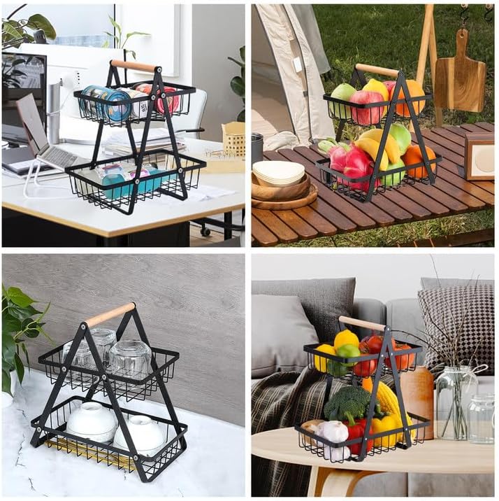 Coș de Fructe Etajat cu 2 Niveluri, Fructieră Metalică Neagră cu Mâner din Lemn, Suport pentru Fructe și Legume, 27x17x29,5 cm