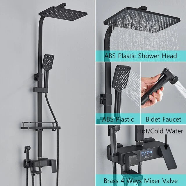 Coloană de Duș Premium cu Afișaj Digital LCD, 5 Funcții, Duș Bideu, Monocomandă, Negru Mat, Montaj pe Perete