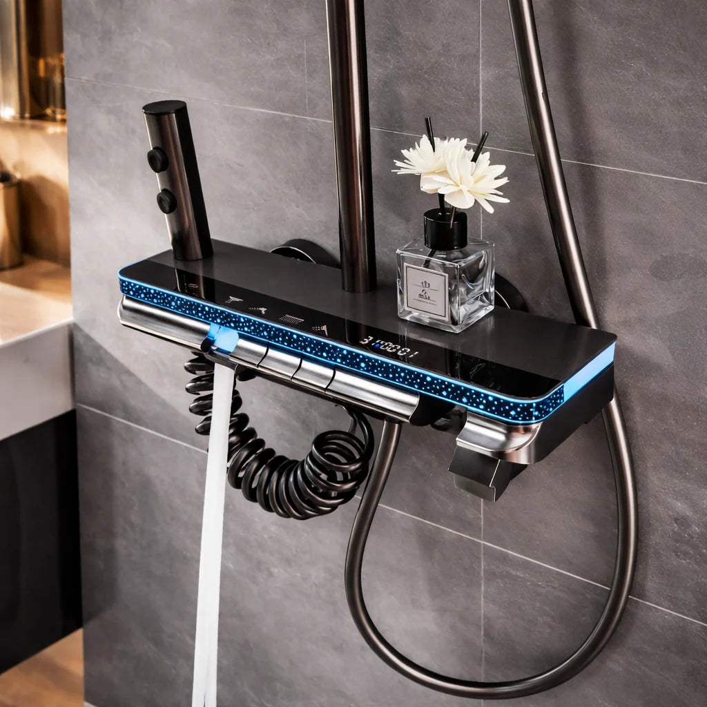 Coloană de Duș Smart cu Termostat, Afișaj LED, 4 Funcții, Butoane Piano, Finisaj Gri cu Negru, Montaj pe Perete