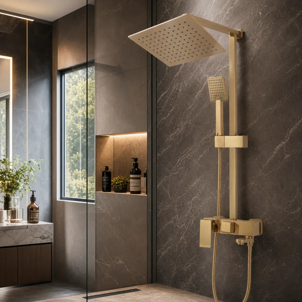 Coloană de Duș cu Baterie Monocomandă, 104 cm, Finisaj Auriu Periat, Montaj pe Perete