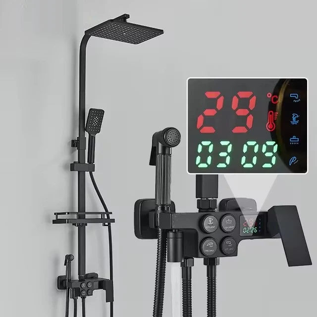 Coloană de Duș cu Termostat, Afișaj LCD, 4 Funcții, Pară de Duș Reglabilă, Baterie din Alamă, Negru Mat, Montaj pe Perete