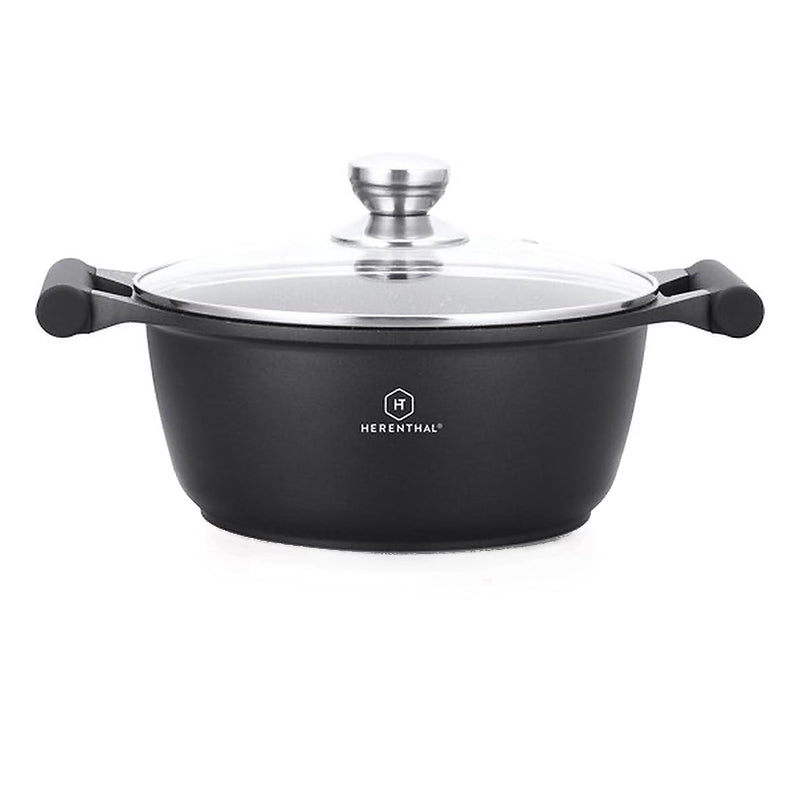 Cratiță Royalty Line, 30 cm, 7 L, cu Capac din Sticlă, Interior din Marmură, Negru – Antiaderentă, Compatibilă cu Inducție