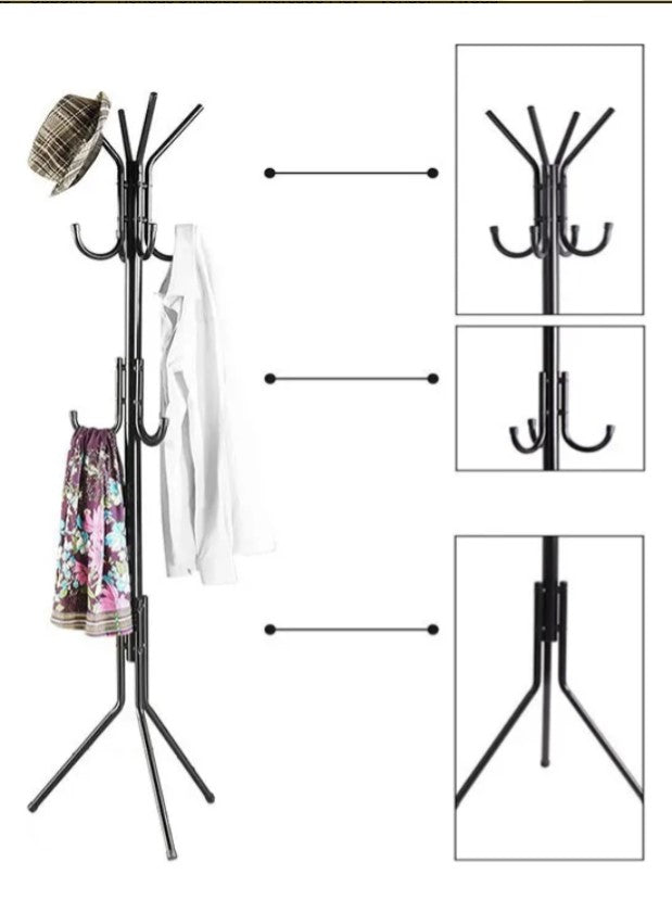 Cuier Metalic Tip Pom pentru Haine, 172 cm, cu 12 Agățători pe 3 Niveluri, Suport Stabil pentru Hol sau Birou, Culoare Negru