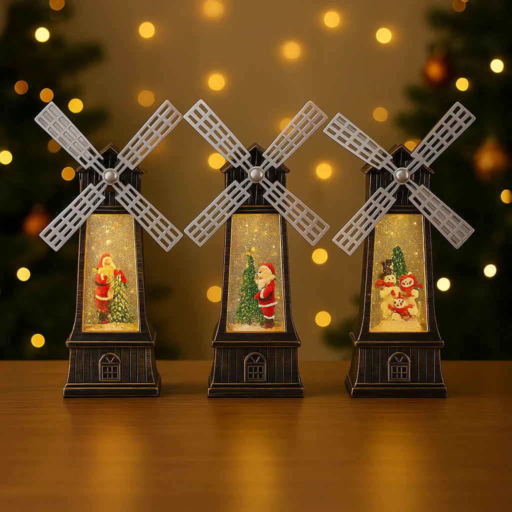 Decorațiune Crăciun Moară de Vânt cu Moș Crăciun, 35 cm, Muzicală, Efect Ninsoare în Mișcare, Pe Baterii, 3 Modele, Negru/Auriu