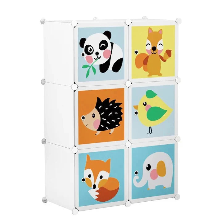 Dulap Modular 6 Compartimente pentru Copii, 74x37x110 cm, Uși cu Animăluțe, Plastic Rezistent, Alb, Organizator Haine și Jucării