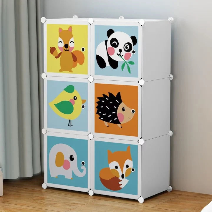 Dulap Modular 6 Compartimente pentru Copii, 74x37x110 cm, Uși cu Animăluțe, Plastic Rezistent, Alb, Organizator Haine și Jucării