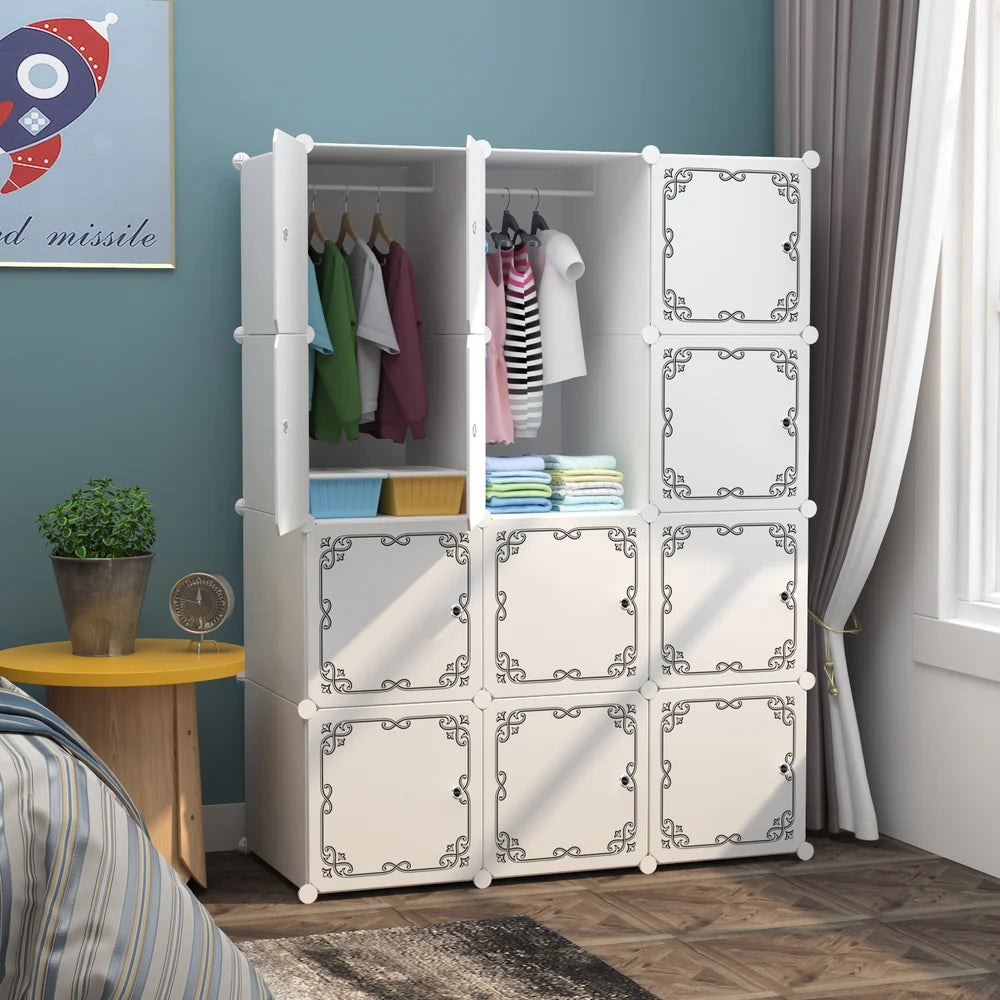 Dulap Modular cu 12 Compartimente, 110x37x147 cm, Alb, Plastic Rezistent, Montaj Plug-In, Organizator Haine și Accesorii